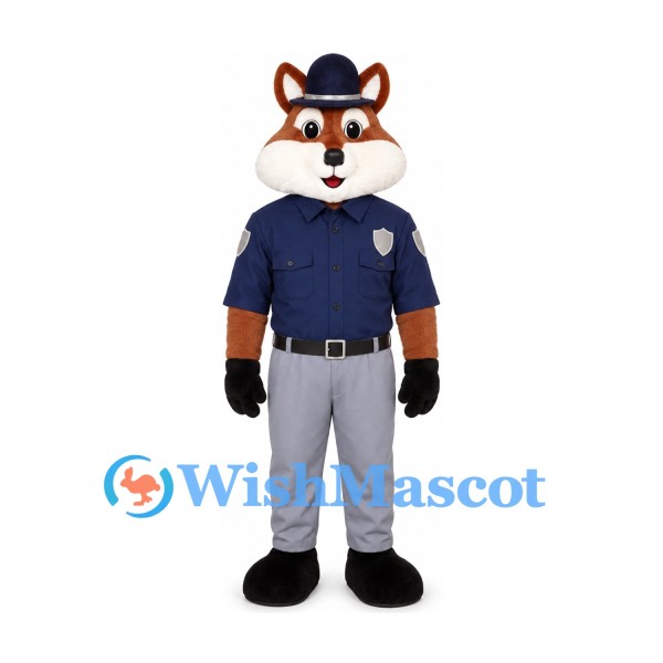 Fox Officer Mascot Costume with Navy Uniform and Gray Pants