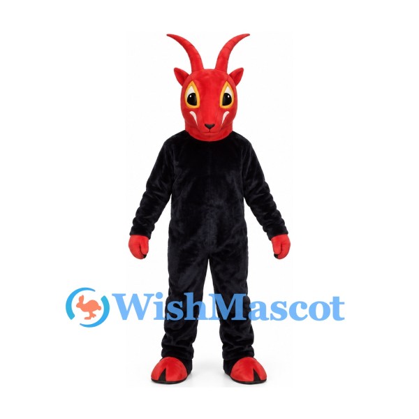 Devil Mascot Costume with Red Horned Head and Black Suit