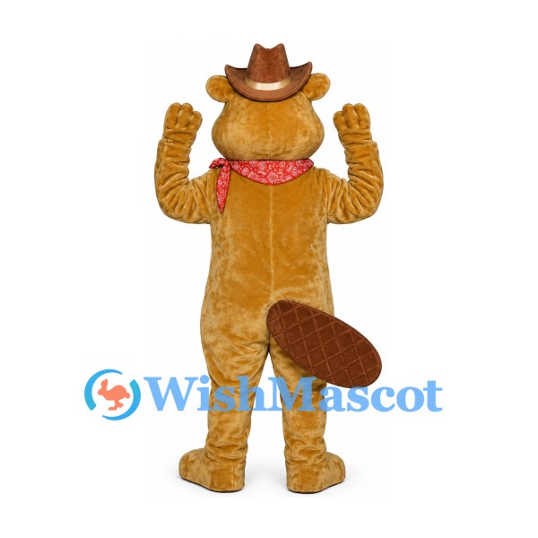 Beaver Cowboy Mascot Costume with Brown Hat and Red Bandana