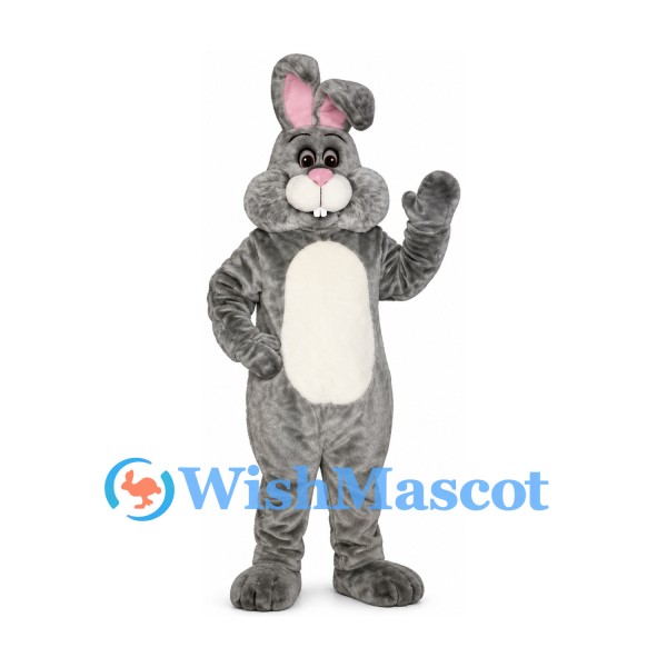 Rabbit Mascot Costume in Gray with White Belly and Bent Ear