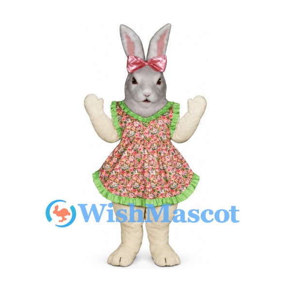 Rabbit Mascot Costume with Floral Dress and Pink Bow