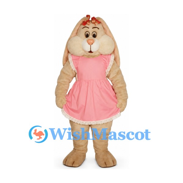 Rabbit Mascot Costume in Tan with Pink Dress and Long Ears