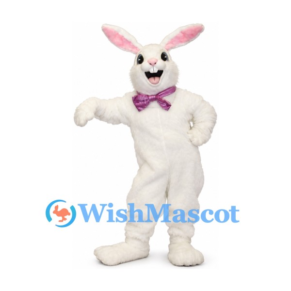 Rabbit Mascot Costume in White with Purple Bow Tie