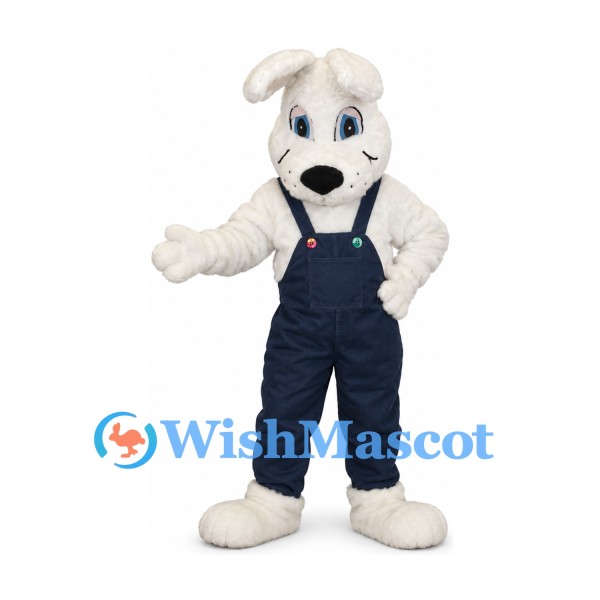 Dog Mascot Costume in White with Navy Overalls