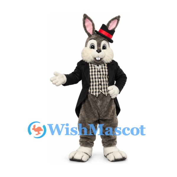 Rabbit Mascot Costume with Black Tailcoat and Checked Vest