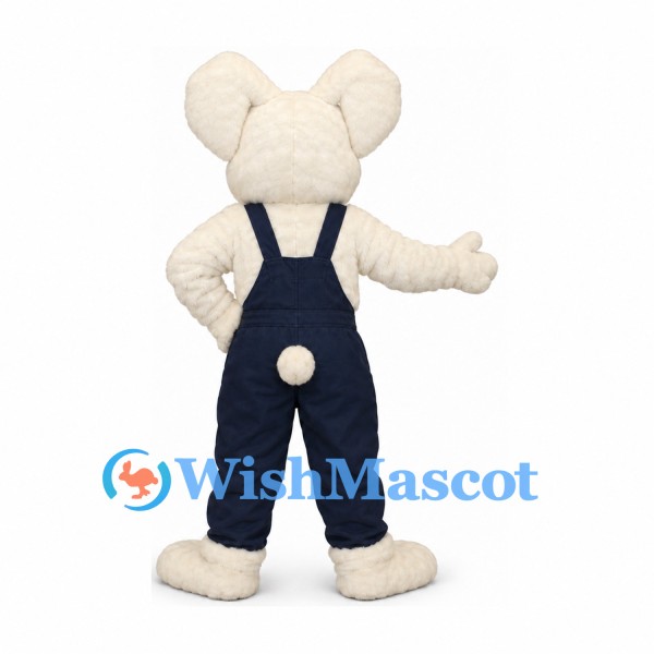 Mouse Mascot Costume in Cream with Navy Overalls
