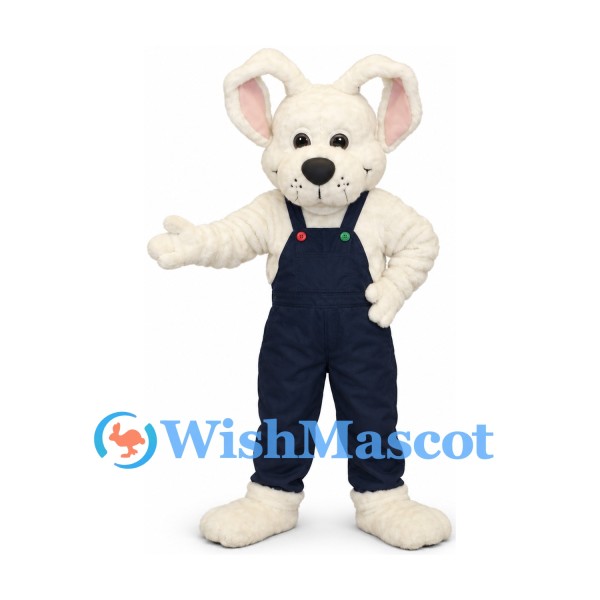 Mouse Mascot Costume in Cream with Navy Overalls