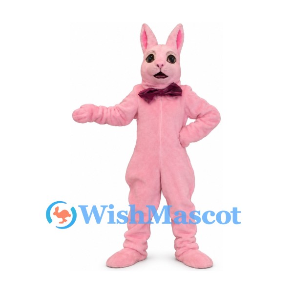 Rabbit Mascot Costume in Pink with Burgundy Bow Tie