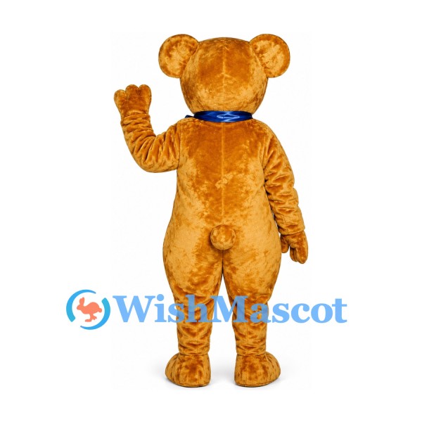 Bear Mascot Costume in Golden Brown with Blue Bow