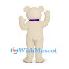 Bear Mascot Costume in Cream with Purple Bow
