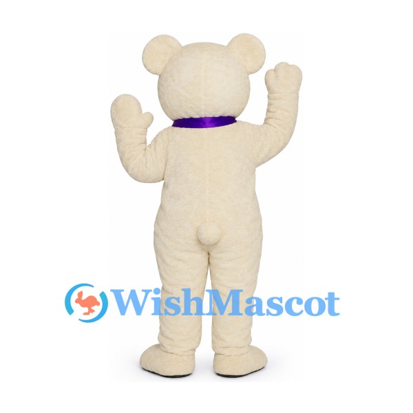 Bear Mascot Costume in Cream with Purple Bow