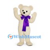 Bear Mascot Costume in Cream with Purple Bow