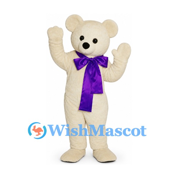 Bear Mascot Costume in Cream with Purple Bow