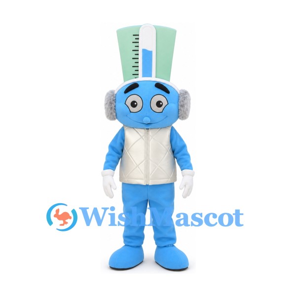 Thermometer Character Mascot Costume in Blue with Tall Gauge Headpiece