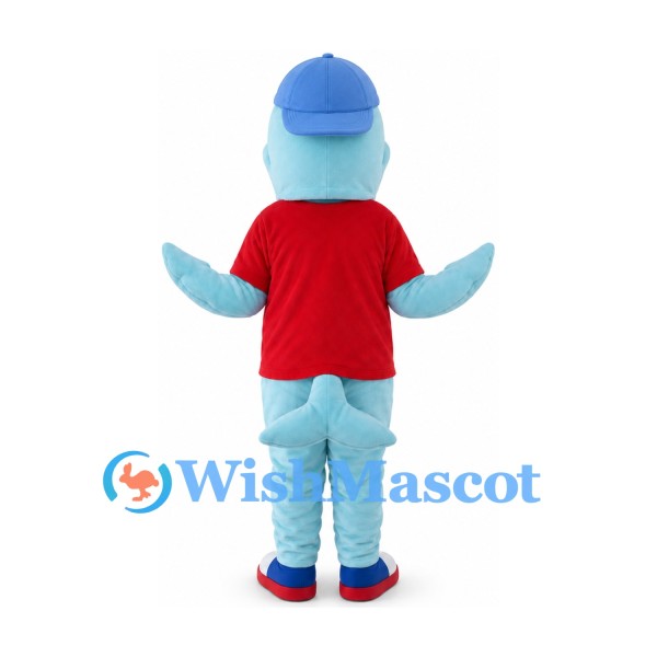 Dolphin Mascot Costume with Red Shirt and Blue Cap