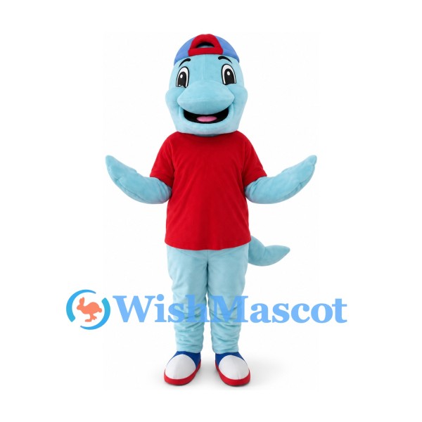Dolphin Mascot Costume with Red Shirt and Blue Cap