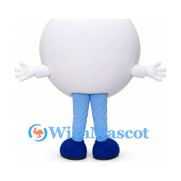 White Ball Mascot Costume with Smiling Face and Blue Legs