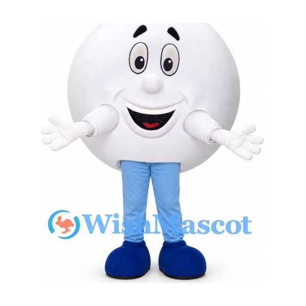 White Ball Mascot Costume with Smiling Face and Blue Legs