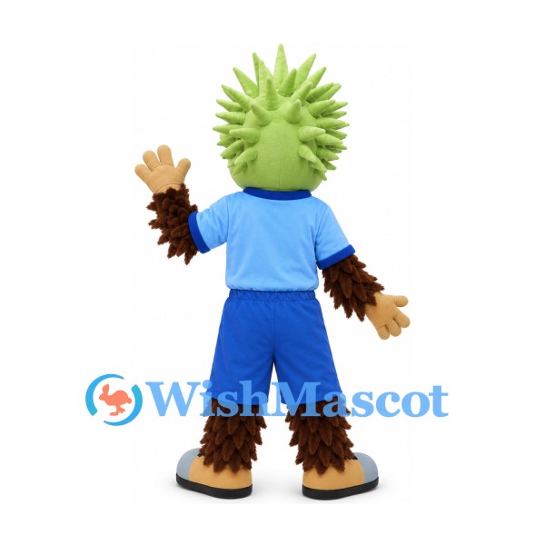 Monster Mascot Costume with Green Spiked Head and Blue Uniform