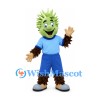 Monster Mascot Costume with Green Spiked Head and Blue Uniform