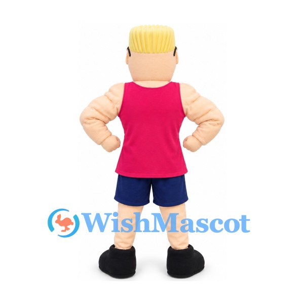 Strongman Mascot Costume with Blond Flat Top and Pink Tank Top