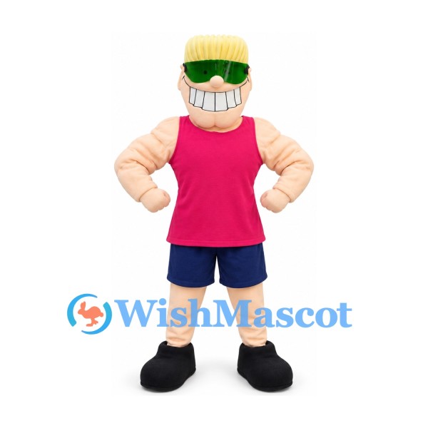 Strongman Mascot Costume with Blond Flat Top and Pink Tank Top