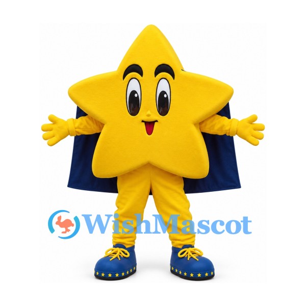 Star Superhero Mascot Costume in Yellow with Blue Cape