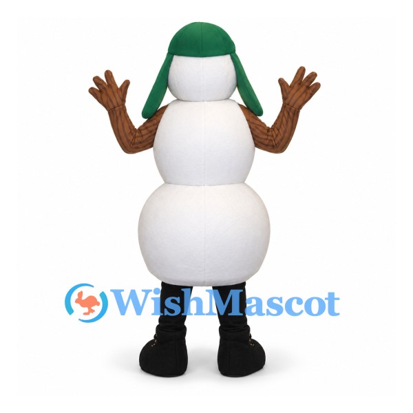 Snowman Mascot Costume with Green Earflap Hat and Branch Arms