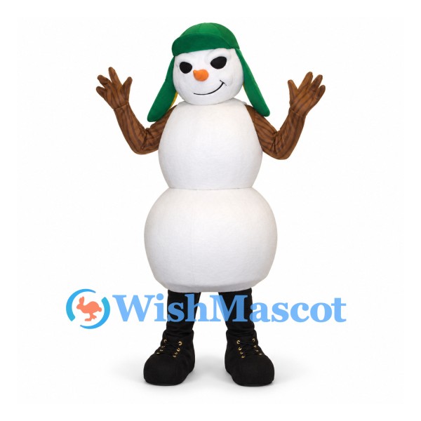 Snowman Mascot Costume with Green Earflap Hat and Branch Arms