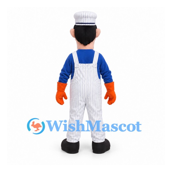 Butcher Mascot Costume with White Striped Apron and Orange Gloves
