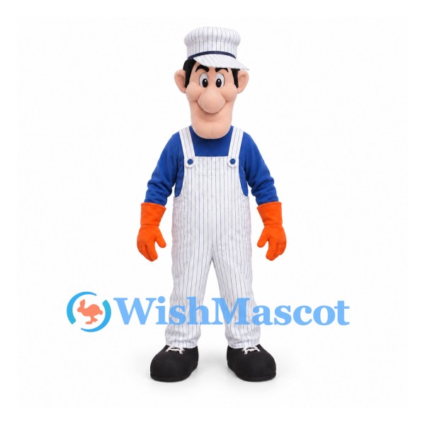 Butcher Mascot Costume with White Striped Apron and Orange Gloves