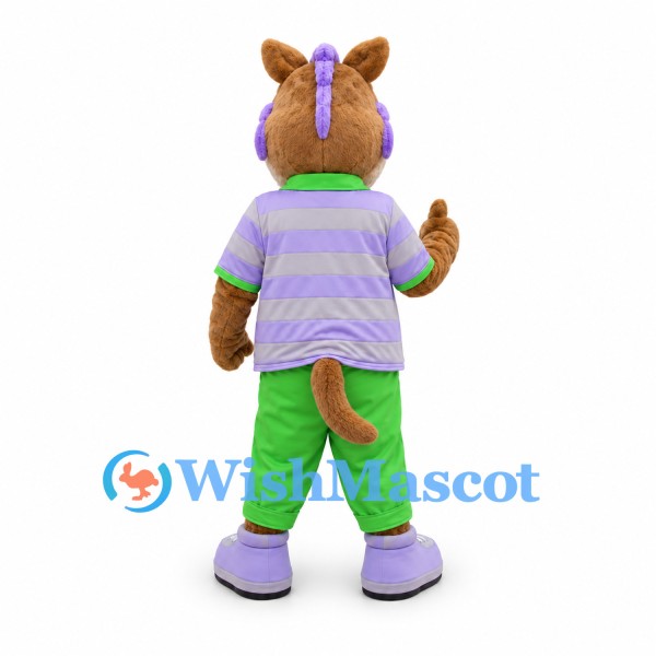Cat Mascot Costume with Purple Striped Shirt and Green Pants