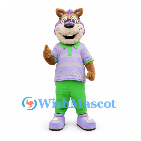 Cat Mascot Costume with Purple Striped Shirt and Green Pants
