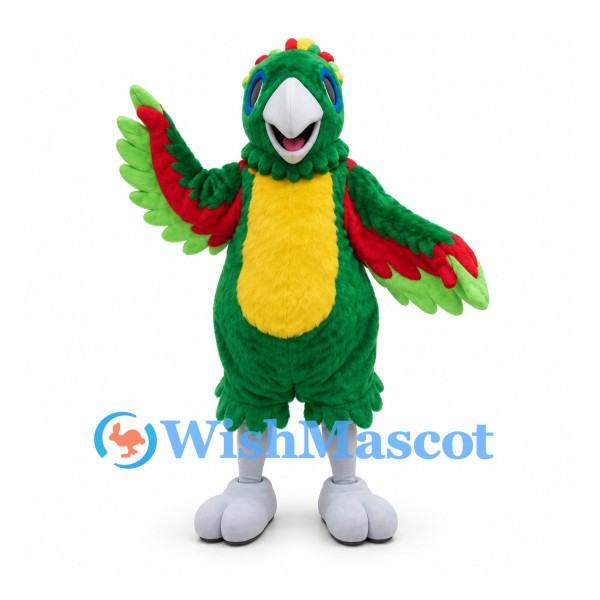 Parrot Mascot Costume in Green with Red Wing Trim