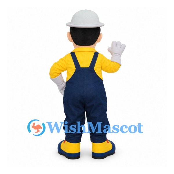 Builder Mascot Costume with Gray Hard Hat and Navy Overalls