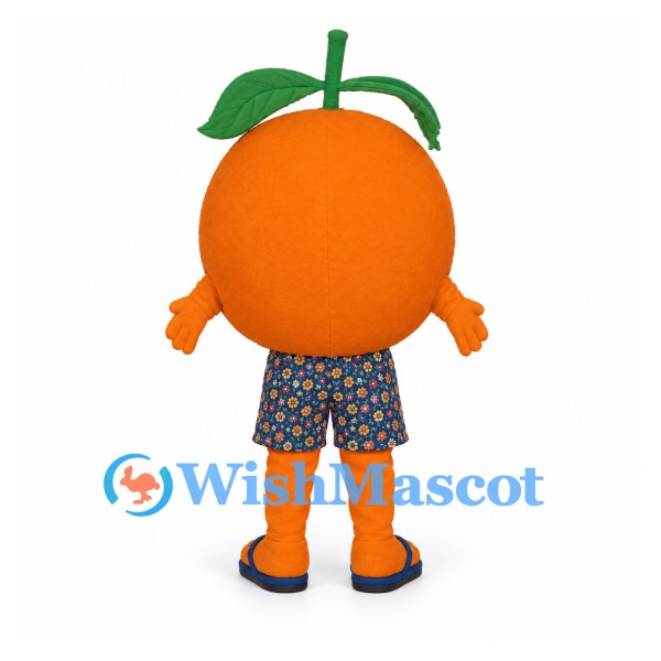 Orange Fruit Mascot Costume with Patterned Shorts and Green Leaves