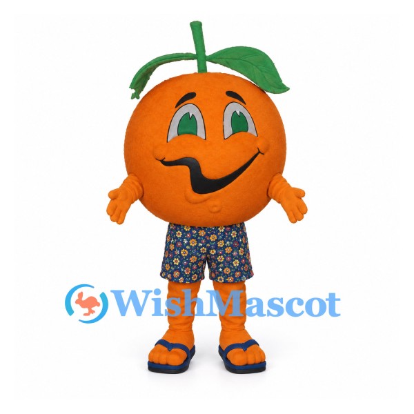 Orange Fruit Mascot Costume with Patterned Shorts and Green Leaves