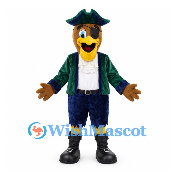Eagle Pirate Mascot Costume with Green Coat and Tricorn Hat