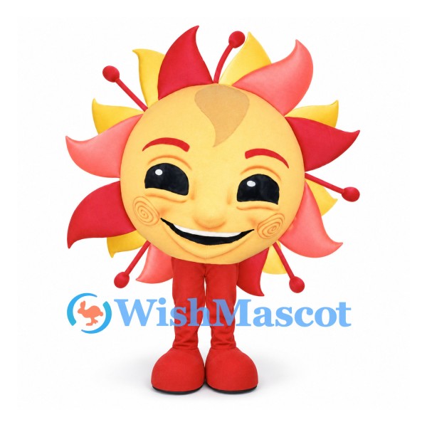 Sun Mascot Costume with Orange Red Rays and Smiling Face