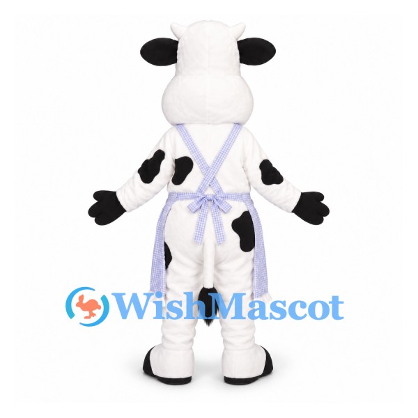 Cow Mascot Costume with Lavender Apron and Black Spots
