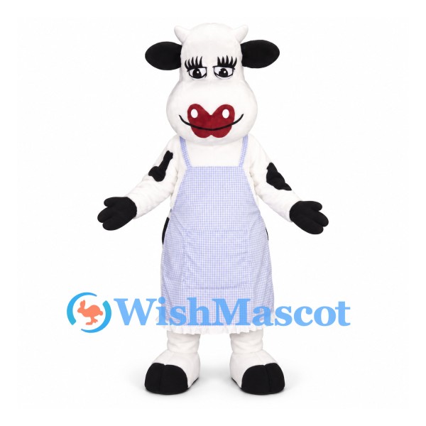 Cow Mascot Costume with Lavender Apron and Black Spots