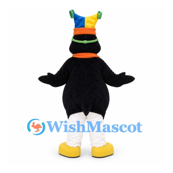Penguin Mascot Costume with Colorful Hat and Striped Scarf