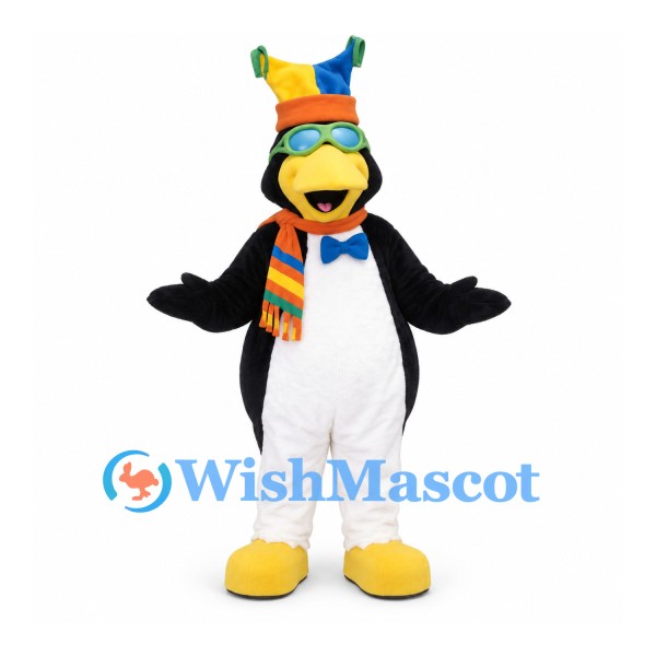 Penguin Mascot Costume with Colorful Hat and Striped Scarf