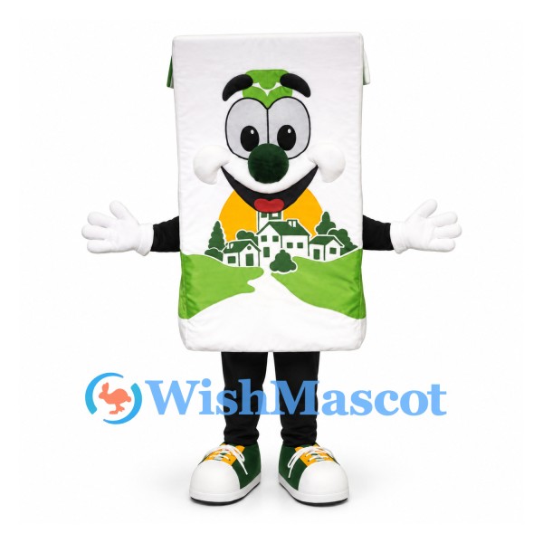 Milk Carton Mascot Costume with Green Bow Tie and Smiling Face