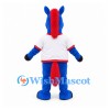 Horse Mascot Costume in Blue with White Shirt and Red Mane