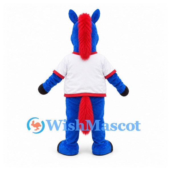 Horse Mascot Costume in Blue with White Shirt and Red Mane