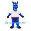 Horse Mascot Costume in Blue with White Shirt and Red Mane