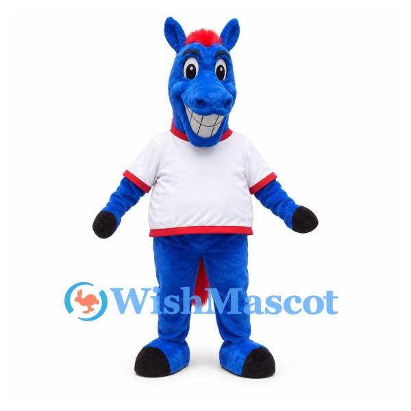 Horse Mascot Costume in Blue with White Shirt and Red Mane