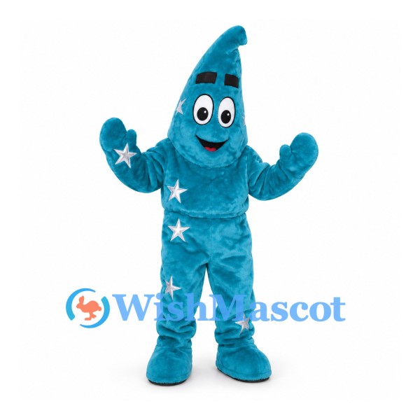 Star Wizard Mascot Costume in Teal with Pointed Hat
