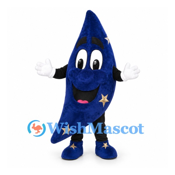 Crescent Moon Mascot Costume in Navy Blue with Gold Stars